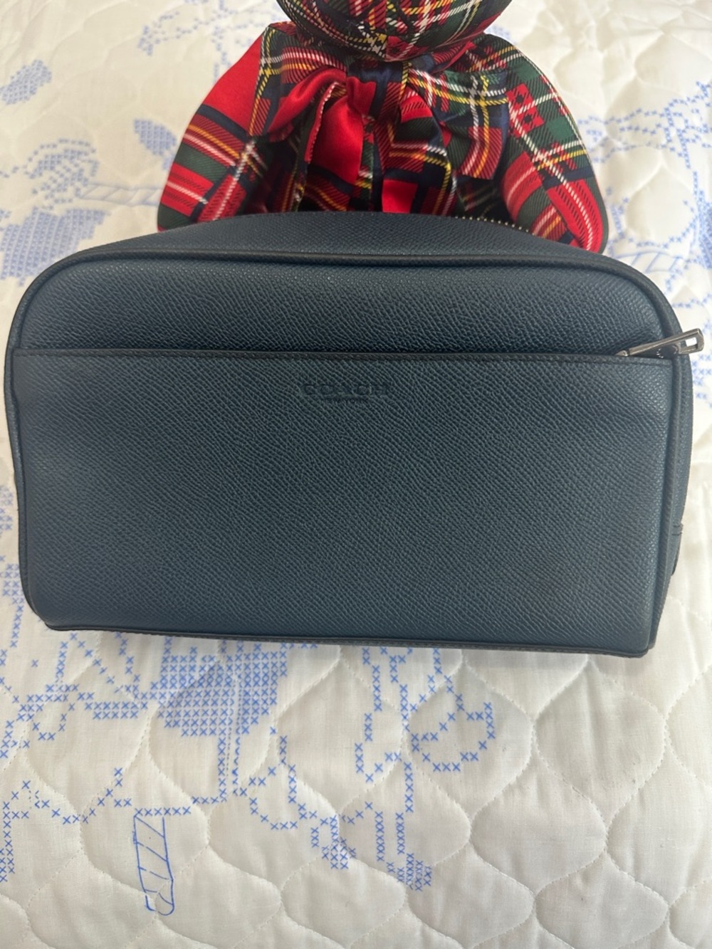 Coach Men's Dark Blue Pebbled Leather Toiletry Kit